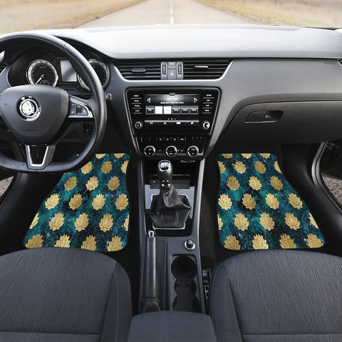 Image of Gold Lotus Green Floral Space Car Mats Back/Front, Floor Mats Set, Car