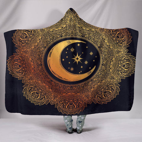 Image of Gold Mandala Moon, Star,Hooded Blanket,Blanket With Hood,Soft Blanket,Hippie Hooded Blanket,Sherpa Blanket,Bright Colorful, Colorful