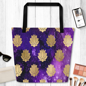 Gold Multicolored Purple Galaxy Universe Large Tote Bag, Weekender Tote/