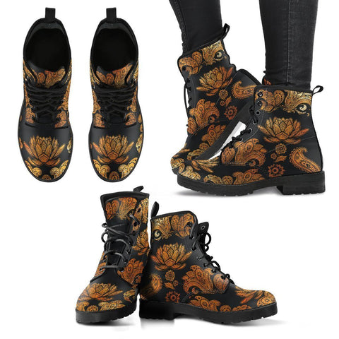 Image of Gold Paisley Women's Vegan Leather Boots, Premium Handcrafted Boots, Retro