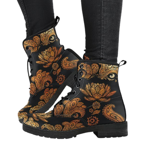Image of Gold Paisley Women's Vegan Leather Boots, Premium Handcrafted Boots, Retro