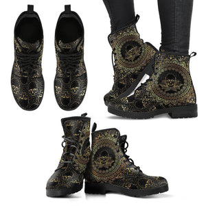 Gold Skull Mandala Women's Vegan Boots, Handcrafted Hippie Combat Shoes, Unique