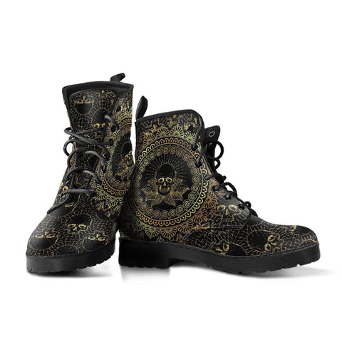 Image of Gold Skull Mandala Women's Vegan Boots, Handcrafted Hippie Combat Shoes, Unique