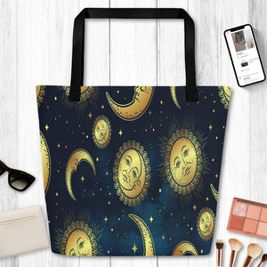 Gold Sun & Moon Starry Night Galaxy Large Tote Bag, Weekender Tote/ Hospital