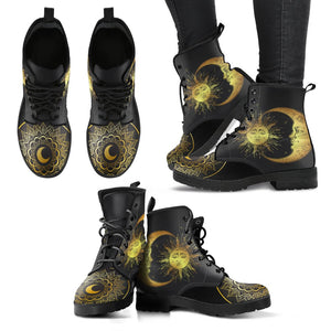 Black Sun Moon Mandala Women's Vegan Leather Boots, Handcrafted Hippie