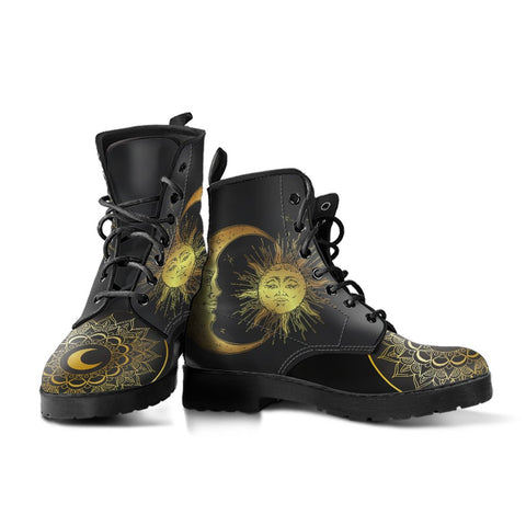 Image of Black Sun Moon Mandala Women's Vegan Leather Boots, Handcrafted Hippie