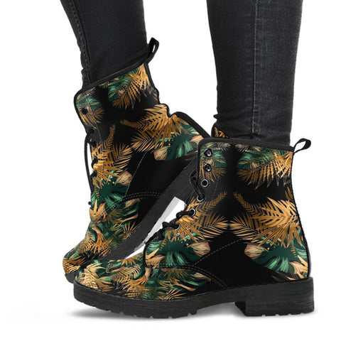 Image of Green Brown Leaves Floral Nature Women's Vegan Boots, Hippie Footwear,