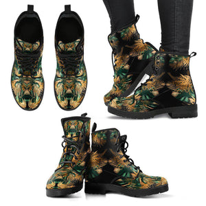 Green Brown Leaves Floral Nature Women's Vegan Boots, Hippie Footwear,