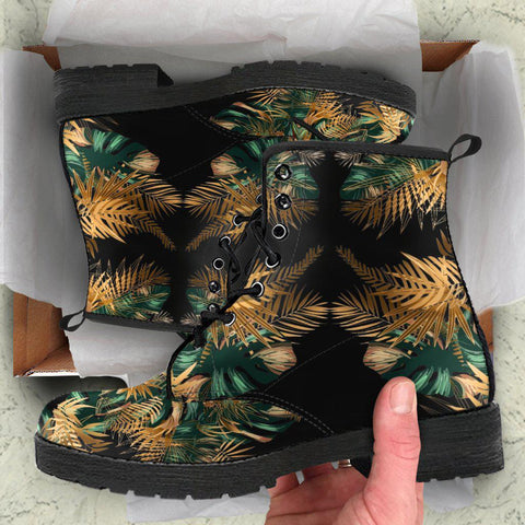 Image of Green Brown Leaves Floral Nature Women's Vegan Boots, Hippie Footwear,