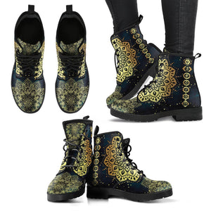 Golden Chakra Inspired Women's Vegan Leather Boots, Premium Handcrafted Military