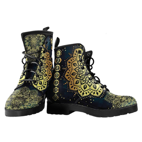 Image of Golden Chakra Inspired Women's Vegan Leather Boots, Premium Handcrafted Military