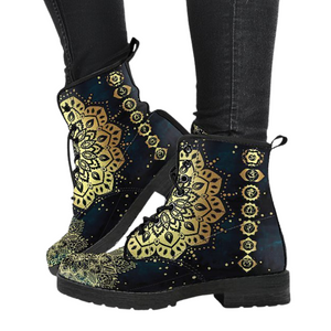 Golden Chakra Inspired Women's Vegan Leather Boots, Premium Handcrafted Military