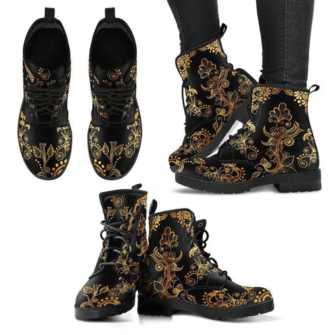 Image of Women's Gold Purple Floral Vegan Leather Boots , Handcrafted , Mandala Hippie