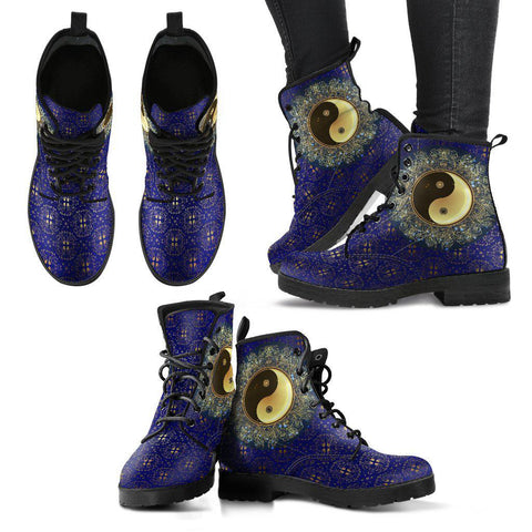 Image of Custom Purple Ying Yang Mandala Women's Vegan Leather Combat Boots, Lolita