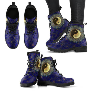 Custom Purple Ying Yang Mandala Women's Vegan Leather Combat Boots, Lolita