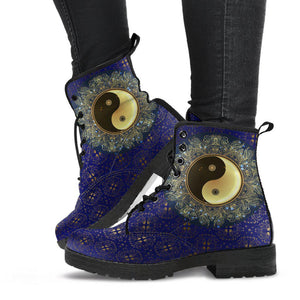 Custom Purple Ying Yang Mandala Women's Vegan Leather Combat Boots, Lolita