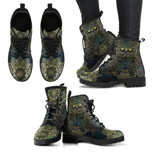 Golden Owl Themed Women's Vegan Leather Boots, Premium Handcrafted Military Style Boots, Retro Winter and Rain Footwear