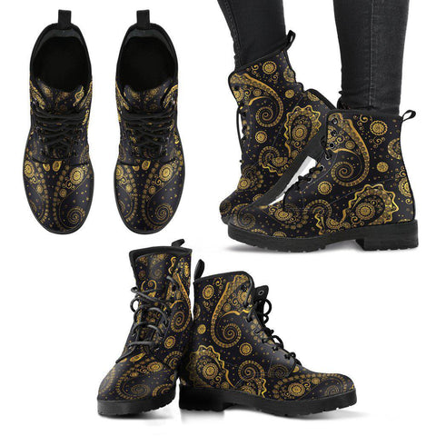 Image of Black Gold Paisley Floral Women's Vegan Leather Boots, Handcrafted Fashion