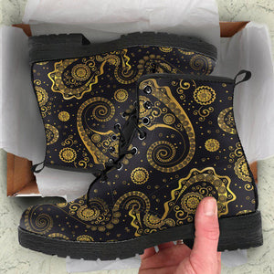 Black Gold Paisley Floral Women's Vegan Leather Boots, Handcrafted Fashion