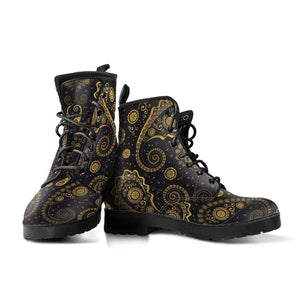 Black Gold Paisley Floral Women's Vegan Leather Boots, Handcrafted Fashion
