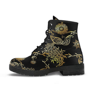 Gold Peacock Mandala Women's Vegan Leather Ankle Boots, Handcrafted, Festival