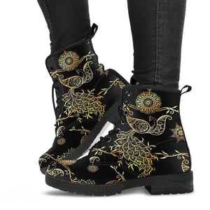 Gold Peacock Mandala Women's Vegan Leather Ankle Boots, Handcrafted, Festival
