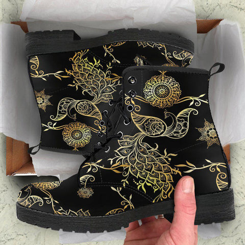 Image of Gold Peacock Mandala Women's Vegan Leather Ankle Boots, Handcrafted, Festival