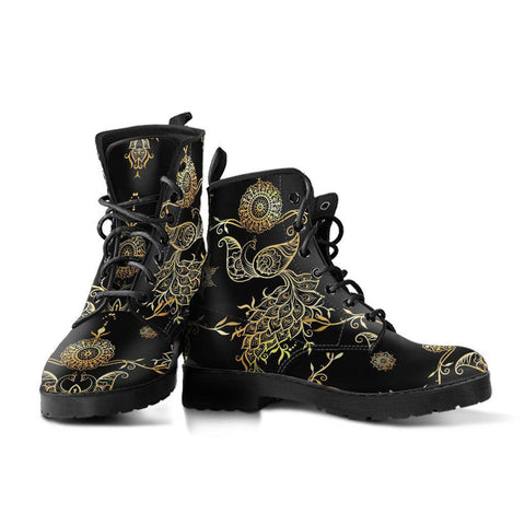 Image of Gold Peacock Mandala Women's Vegan Leather Ankle Boots, Handcrafted, Festival