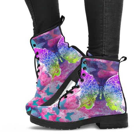 Image of Abstract Butterfly Art Women's Vegan Leather Boots, Handcrafted Winter Rainbow