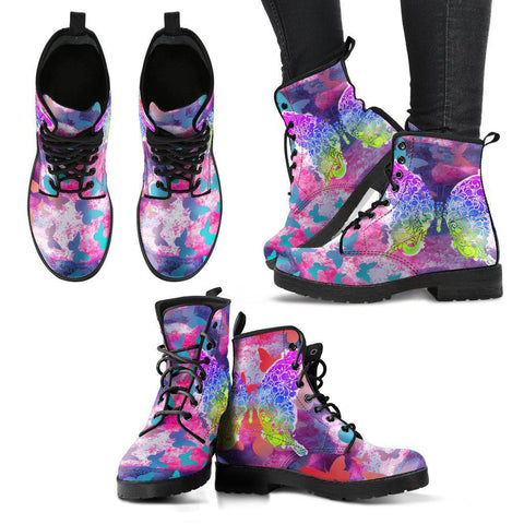 Image of Abstract Butterfly Art Women's Vegan Leather Boots, Handcrafted Winter Rainbow