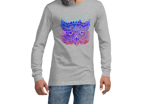 Image of Gradient Multicolored Abstract Paint Splatter Owl Unisex Long Sleeve Tee, Super