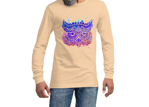 Image of Gradient Multicolored Abstract Paint Splatter Owl Unisex Long Sleeve Tee, Super