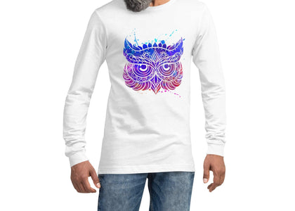 Gradient Multicolored Abstract Paint Splatter Owl Unisex Long Sleeve Tee, Super