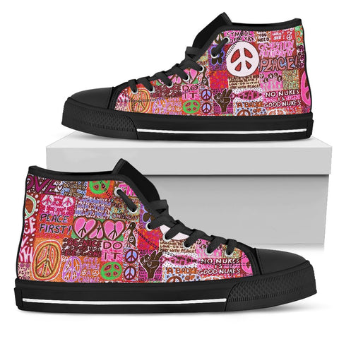 Image of Graffiti Peace And Love Boho,All Star,Custom Shoes,Womens High Top,Bright Colorful,Mandala shoes,Fashion Shoes,Casual Shoes,High Top Shoes