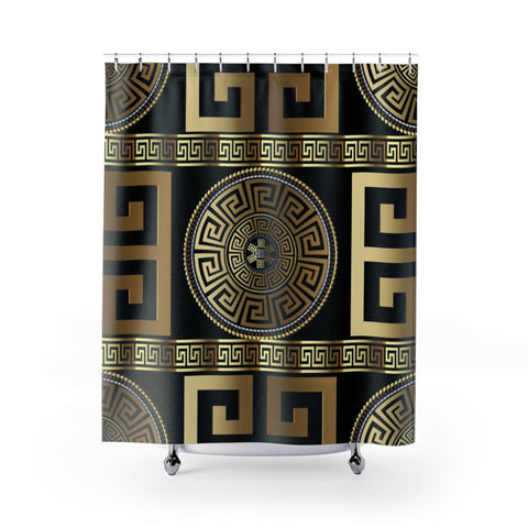 Image of Greek Meander Black And Gold Shower Curtains, Water Proof Bath Decor | Spa |