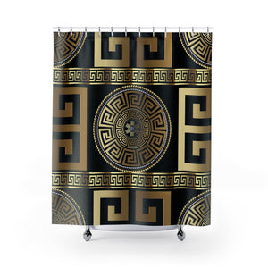 Greek Meander Black And Gold Shower Curtains, Water Proof Bath Decor | Spa |