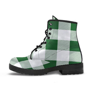 Green & White Plaid Women's Boots: Vegan Leather, Handcrafted Ankle Boots,