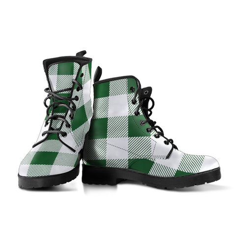 Image of Green & White Plaid Women's Boots: Vegan Leather, Handcrafted Ankle Boots,
