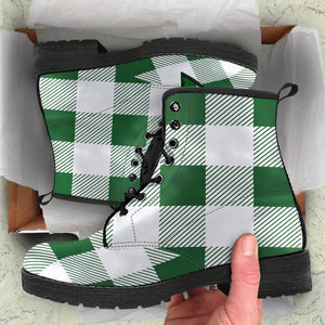 Green & White Plaid Women's Boots: Vegan Leather, Handcrafted Ankle Boots,