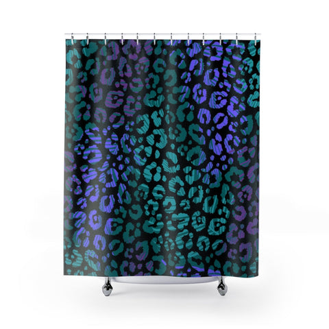Image of Green Blue Cheetah Multicolored Leopard Animal Print Shower Curtains, Water