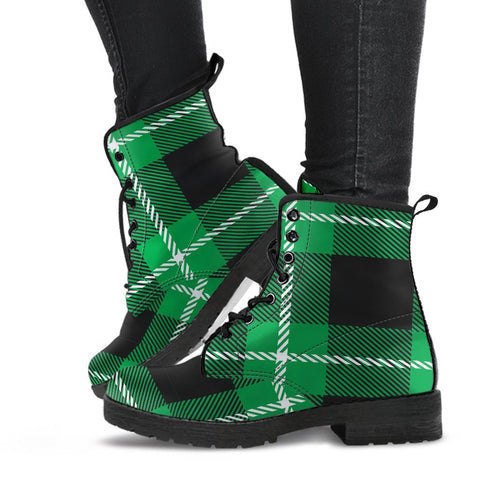 Image of Black & Green Buffalo Plaid: Vegan Leather Boots for Women, Handcrafted Ankle