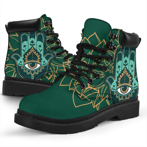 Image of Green Colorful Hamsa Hand Suede Boots,Rain Boots,Leather Boots Women,Women Girl Gift, All Season Boots,Vegan ,Casual Leather,Handmade Boots,