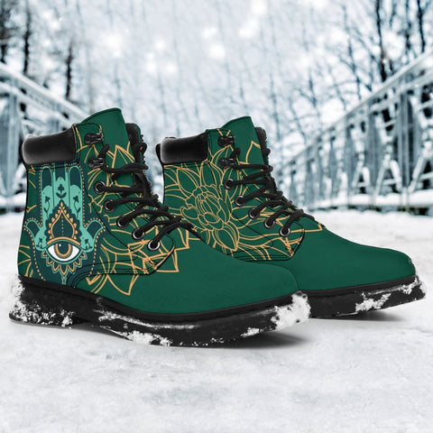 Image of Green Colorful Hamsa Hand Suede Boots,Rain Boots,Leather Boots Women,Women Girl Gift, All Season Boots,Vegan ,Casual Leather,Handmade Boots,