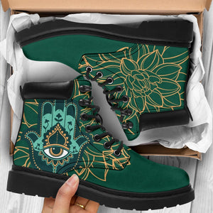 Green Colorful Hamsa Hand Suede Boots,Rain Boots,Leather Boots Women,Women Girl Gift, All Season Boots,Vegan ,Casual Leather,Handmade Boots,