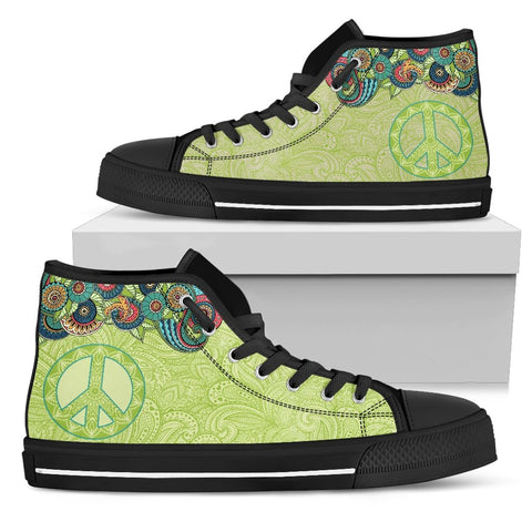 Image of Green Colorful Paisley Peace Sign High Tops Sneaker,Spiritual,Multi Colored,High Quality,Handmade Crafted,Streetwear,All Star,Custom Shoes