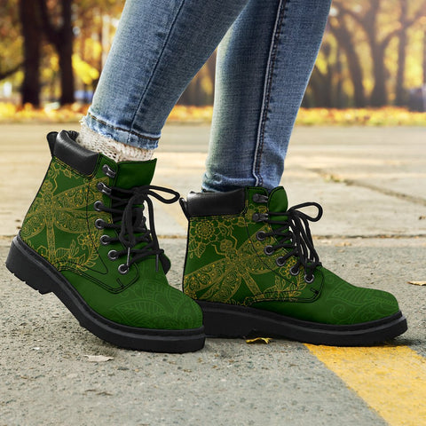 Image of Green Floral Yellow Dragonfly Suede All Season Boots,Vegan ,Rain Boots,Leather Boots Women,Women Girl Gift,Handmade Boots,Streetwear