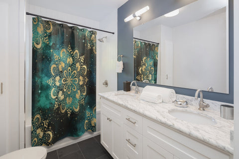 Image of Green Nebula Burst Universe Gold Mandala Shower Curtains, Water Proof Bath Decor