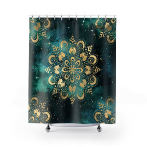 Green Nebula Burst Universe Gold Mandala Shower Curtains, Water Proof Bath Decor