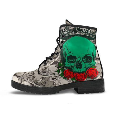 Image of Red Roses Green Skulls Women's Vegan Leather Boots, Winter Rainbow