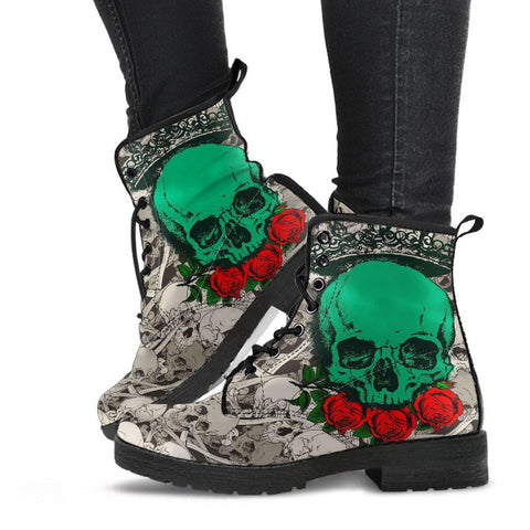 Image of Red Roses Green Skulls Women's Vegan Leather Boots, Winter Rainbow
